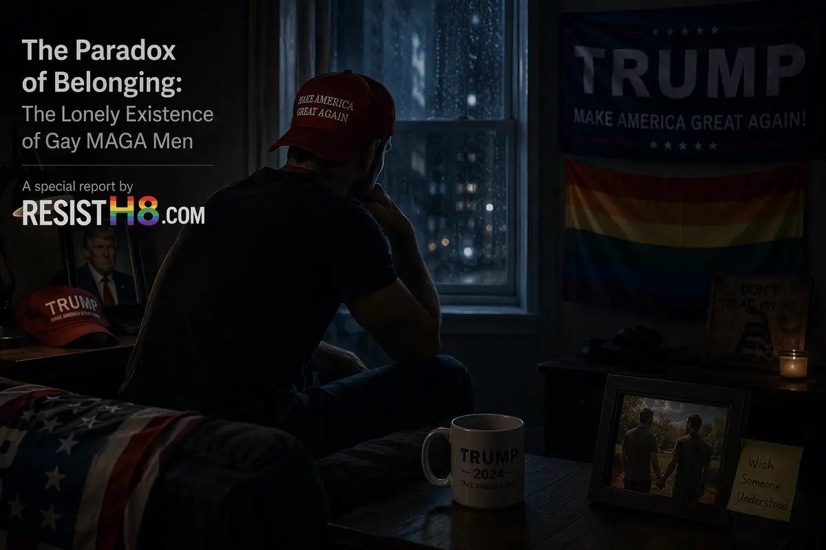Man sits in dark, wearing MAGA hat. A Trump flag hangs on the wall along with a rainbow flag. Gay MAGA men
