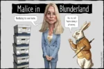 Illustration of pam bondi standing next to a stack of boxes labeled with “epstein. ”