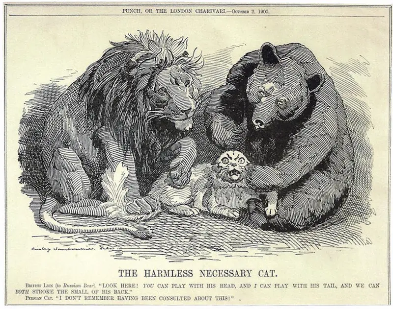 russian illustration Cartoon from 1907 satirizing russia and england dividing up persia.
