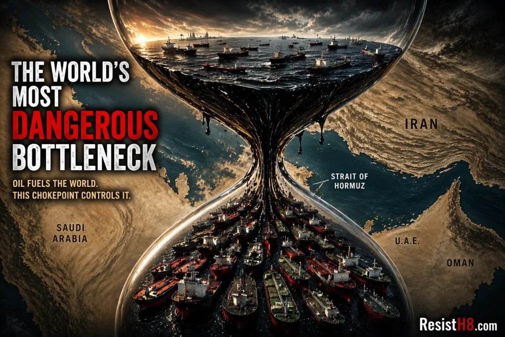 Strait of Hormuz hourglass full of oil and ships illustrating a complication of domicide