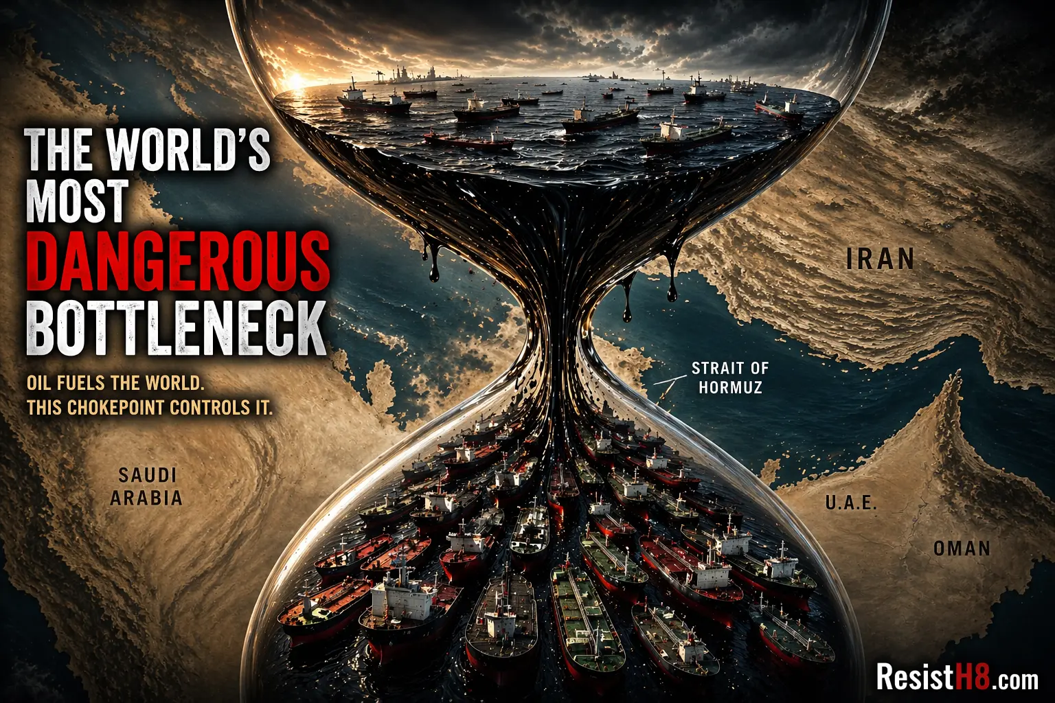 Strait of Hormuz hourglass full of oil and ships