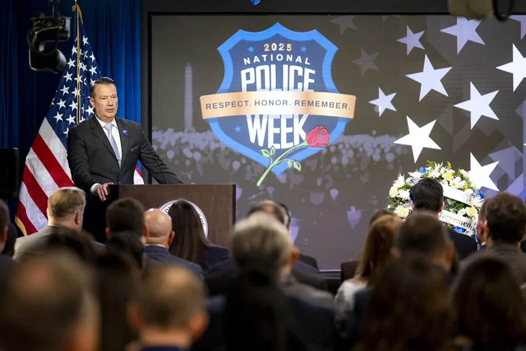 U. S. Immigration and customs enforcement (ice) acting director todd m. Lyons delivers remarks during the annual valor memorial and wreath laying ceremony at ice headquarters in washington, d. C.