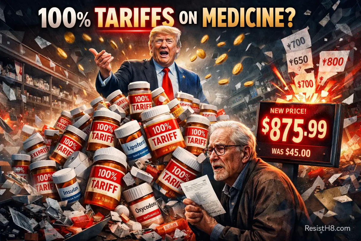 Ai-generated image of trump putting 100% tariff on prescription drugs