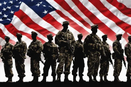 Illustration of US military soldiers in front of an American flag