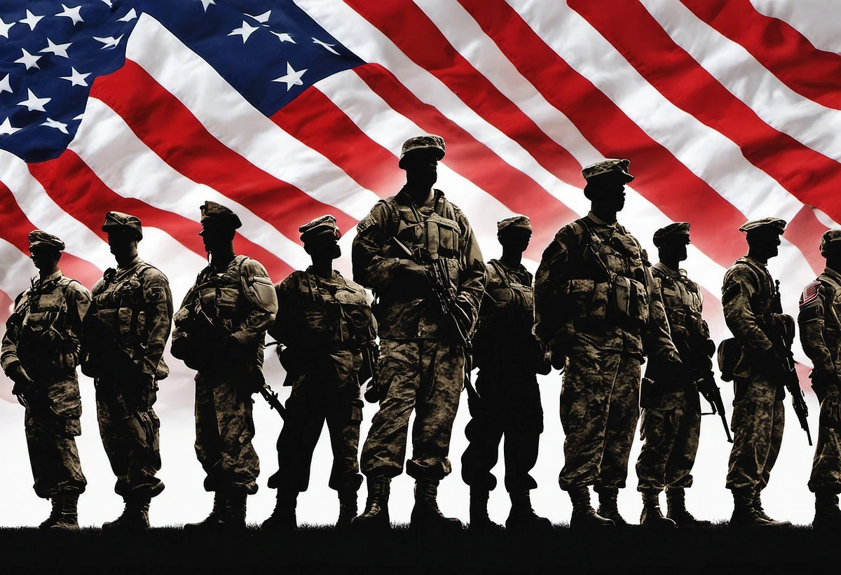 Illustration of us military soldiers in front of an american flag