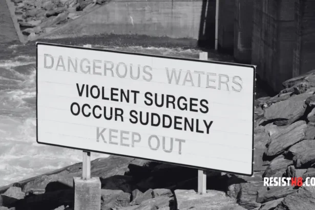 Sign warning about violent surges as a metaphor for violent rhetoric