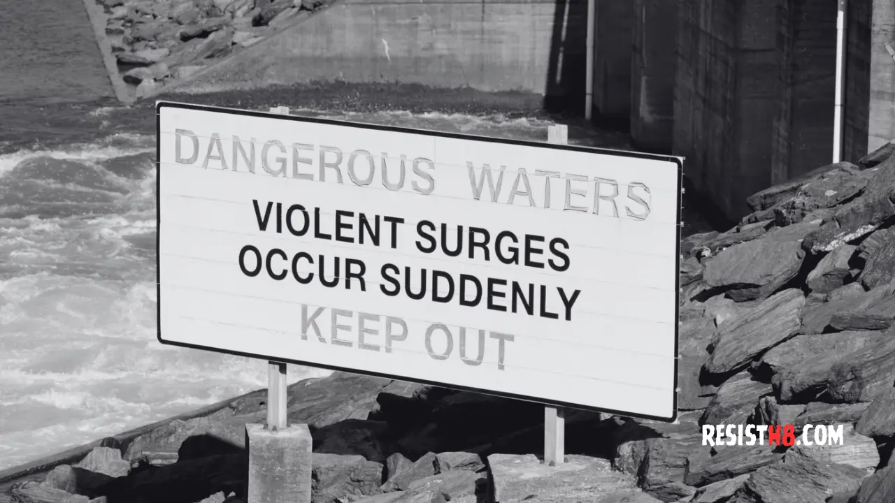 Sign warning about violent surges as a metaphor for violent rhetoric