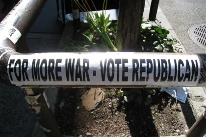 Sticker: For more war vote Republicans