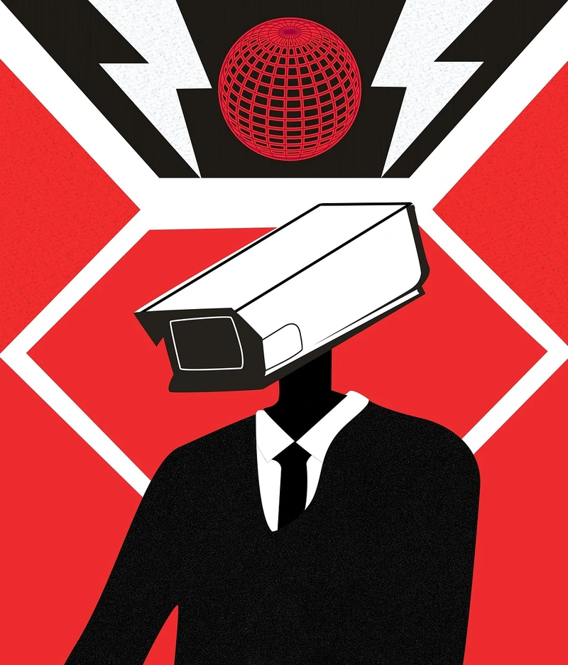 Illustration of a man in a suit with a mass surveillance camera as a head