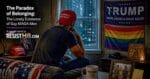 Man sits in dark, wearing maga hat. A trump flag hangs on the wall along with a rainbow flag. Gay maga men