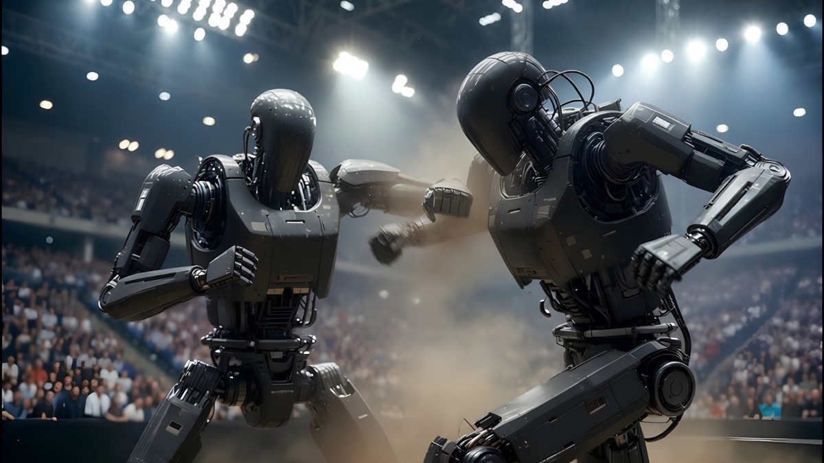 Chinese robot fight club. Two humanoid robot fighters