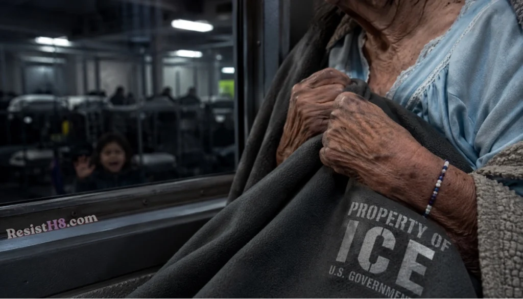 An 85-year-old widow of a member of the military clutches a blanket inside an ice detention facility, where she spent 16 days.