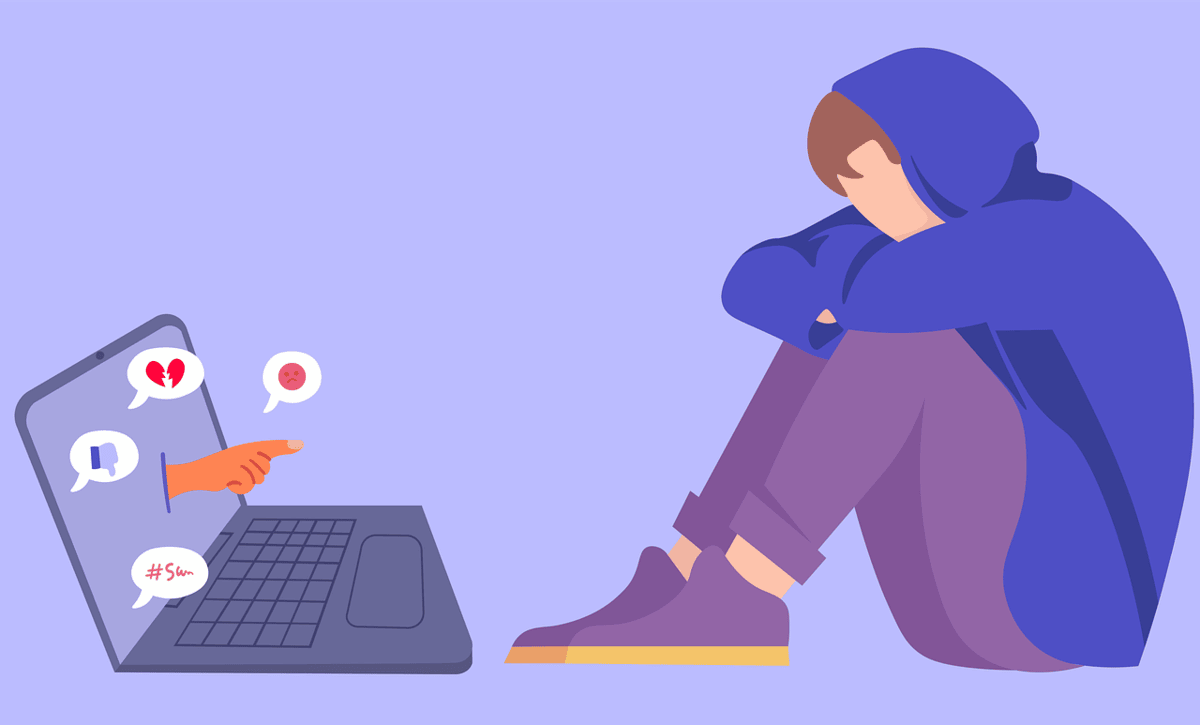 htc erl computer bullying Teen in a purple hoodie sitting in front of a laptop, knees drawn in, with cyberbullying signs from the laptop. Pro-israel groups