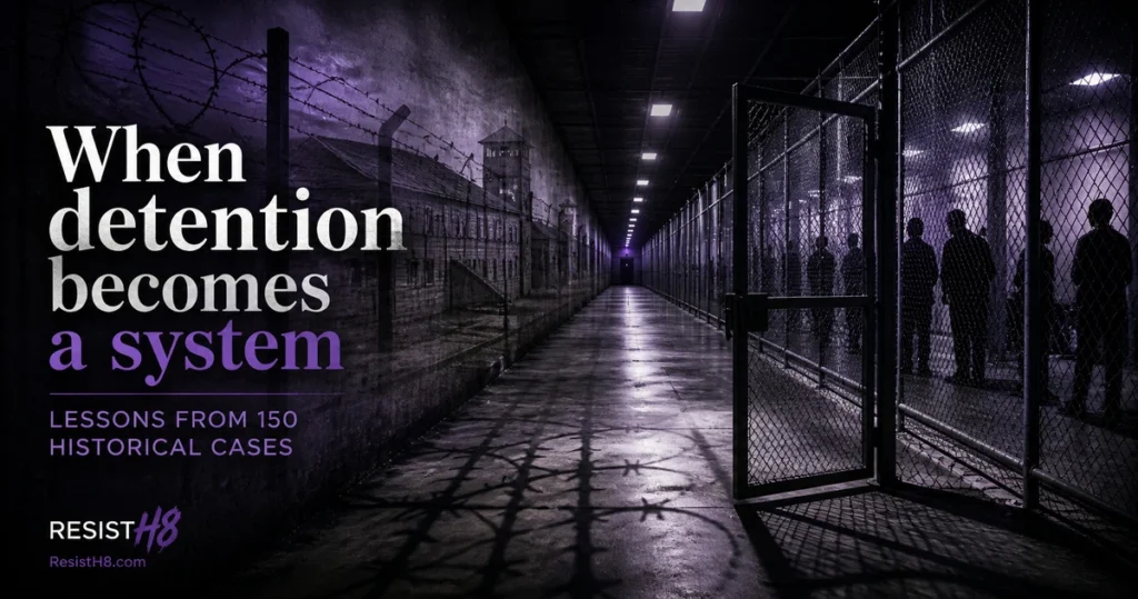 Graphic for study comparing ice detention to concentration camp systems. A detention center fades into the ghostly memory of the past.