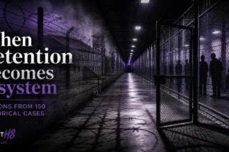 Graphic for study comparing ice detention to concentration camp systems. A detention center fades into the ghostly memory of the past.