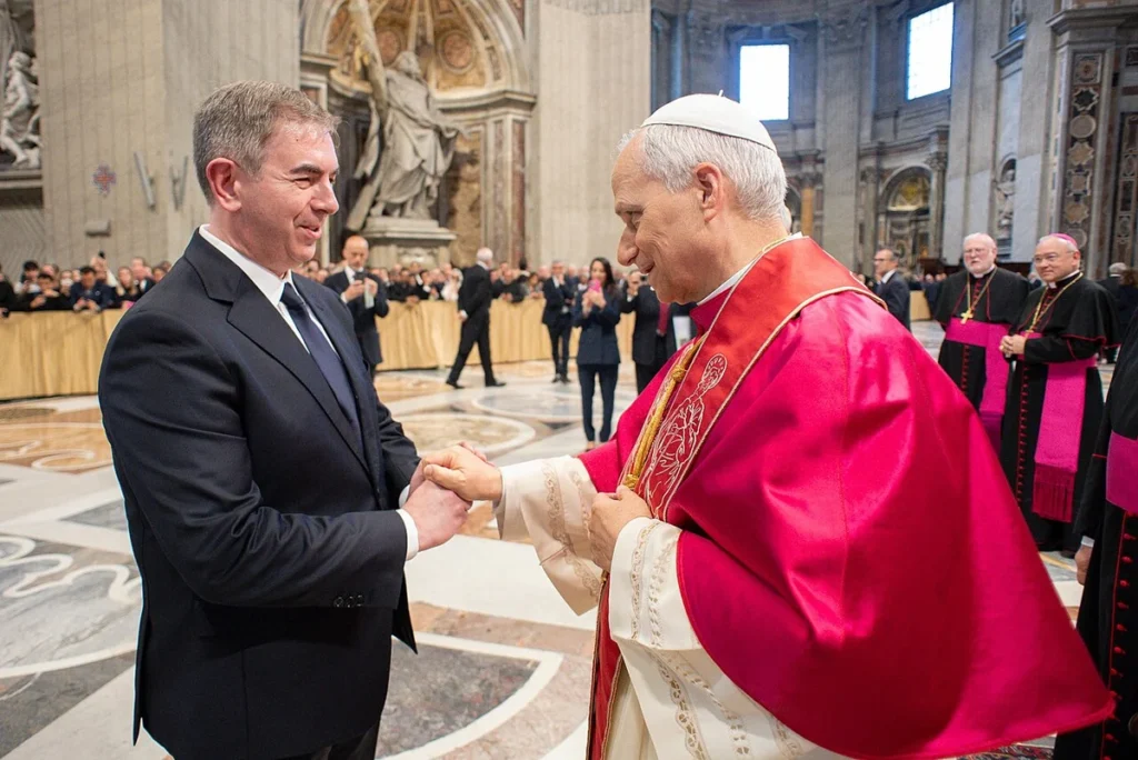 Pope leo meets with federico silvio toniato, secretary general of the italian senate, in st. Peter's basilica (cc by-sa 4. 0)