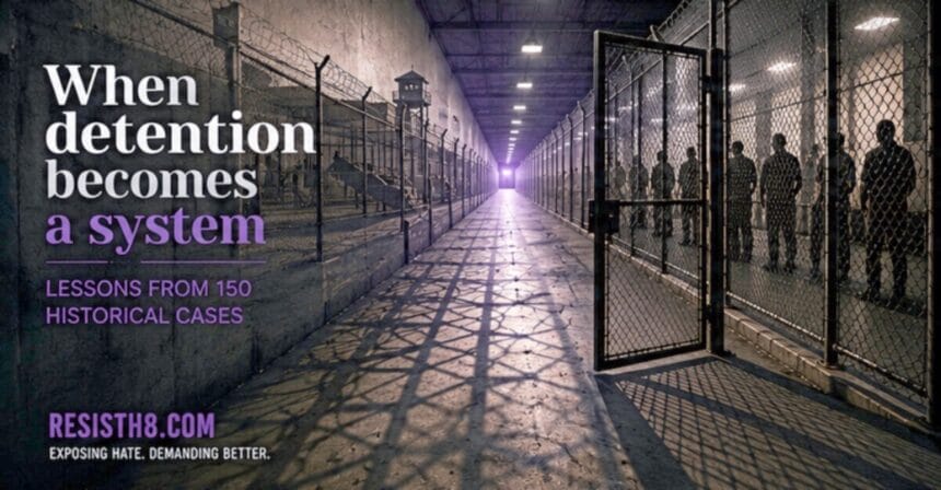 Graphic for study comparing ice detention to concentration camp systems. A detention center fades into the ghostly memory of the past.