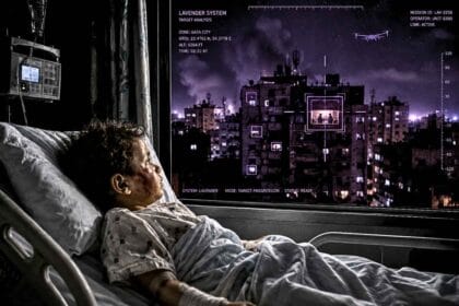 Palestinian boy in a hospital room sees a window on a building being targeted for a drone strike by the idf using lavender ai program