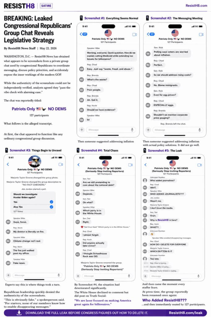 gop group chat satire Collection of screenshots of text messages from a fake gop group chat