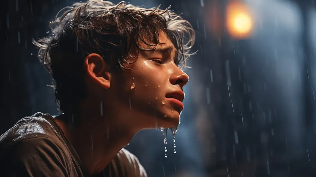 Ai-generated image of a young boy crying in the rain