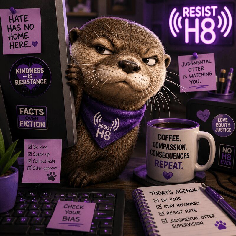 Resist hate mascot presents the community guidelines.