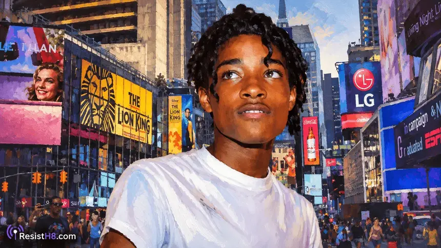 Jordan neely portrait with new york city in the background.