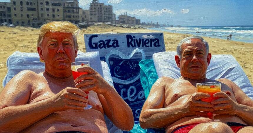 Image from the trump gaza video of trump and netanyahu lounging on the beach. The diplomatic tsunami doesn't include the u. S.